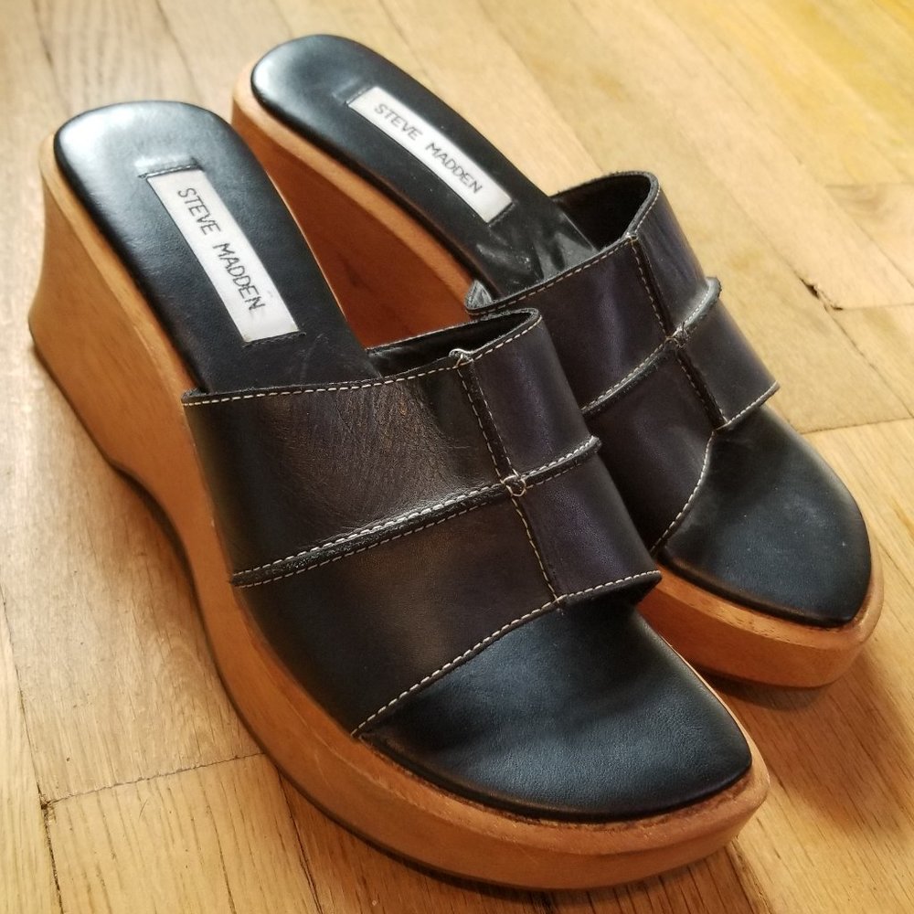 Steve Madden Black Chunky Wood Wedge PLatform Heel